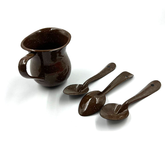 Vintage Brown Enamel Ware Speckled Pitcher & Spoons Decor Primitive - Picture 1 of 8